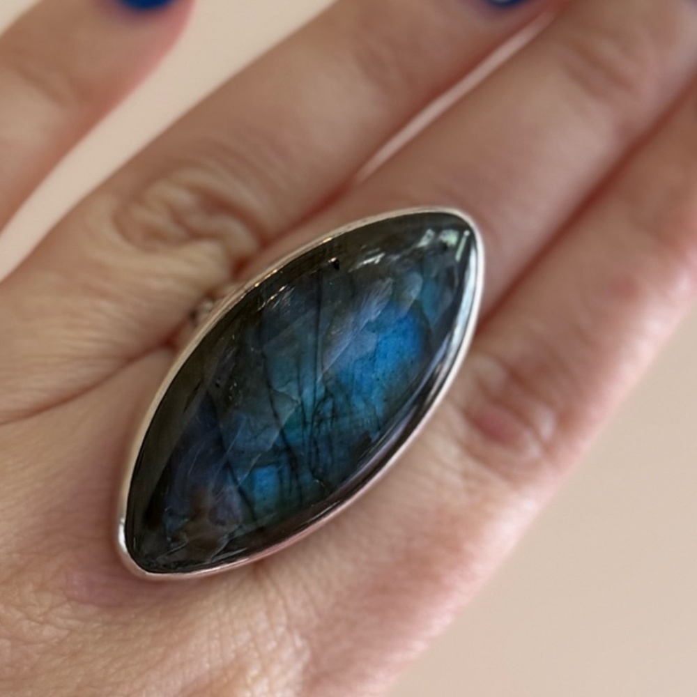 Vintage Sajen Sterling Silver Adjustable Labradorite Marquise Ring Statement Sty